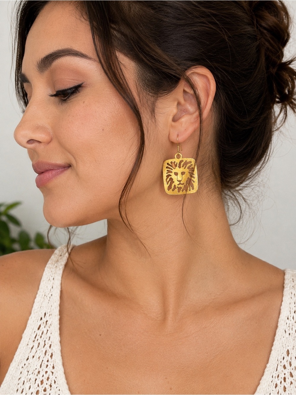 Anne Klein Gold Tone Lion Logo Dangle Earrings Statement Earrings